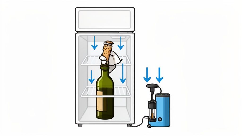 An illustration showing a wine bottle being corked and refrigerated, with a vacuum pump device on the side.