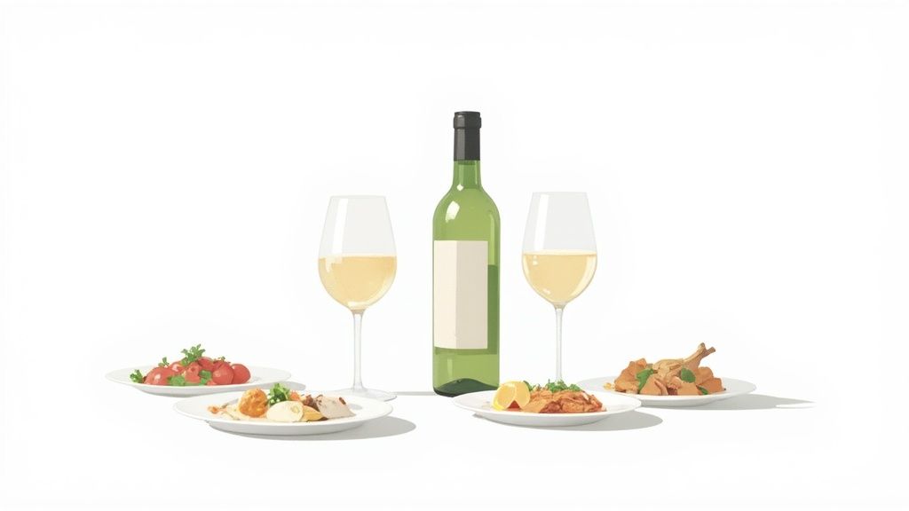 White wine bottle and glasses paired with diverse small plates of food on a white background.