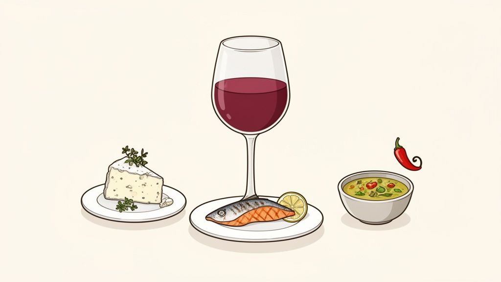 An illustration of red wine, a slice of cheese, grilled fish, a bowl of soup, and a red chili pepper.