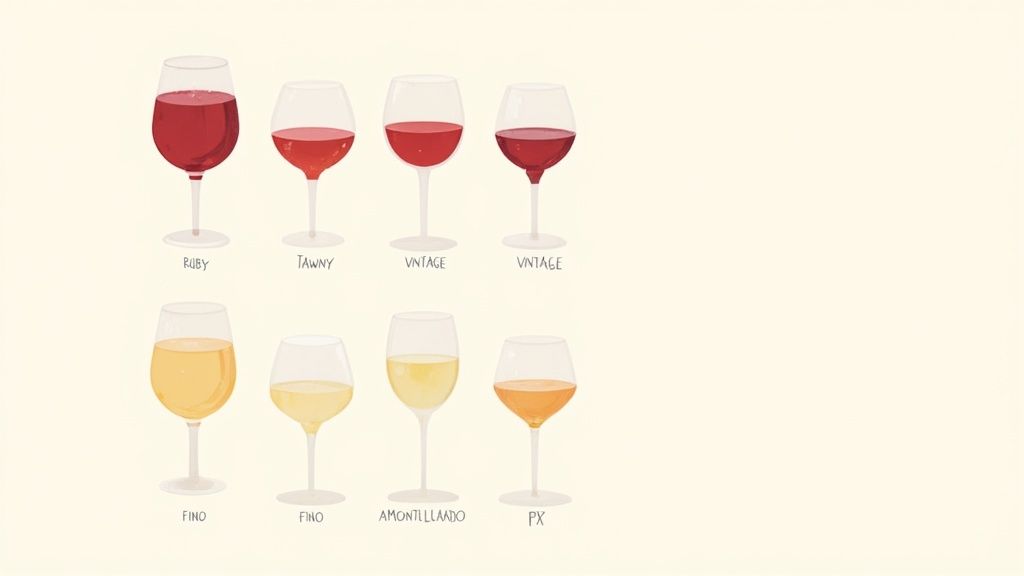 Two glasses of fortified wine, one Port and one Sherry, showing their distinct colours.