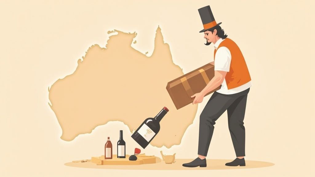 Person delivering wine package with bottles falling out over Australia map illustration