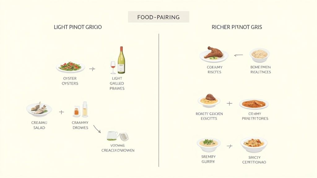 A graphic illustrating diverse food pairings recommended for light Pinot Grigio and richer Pinot Gris wines.