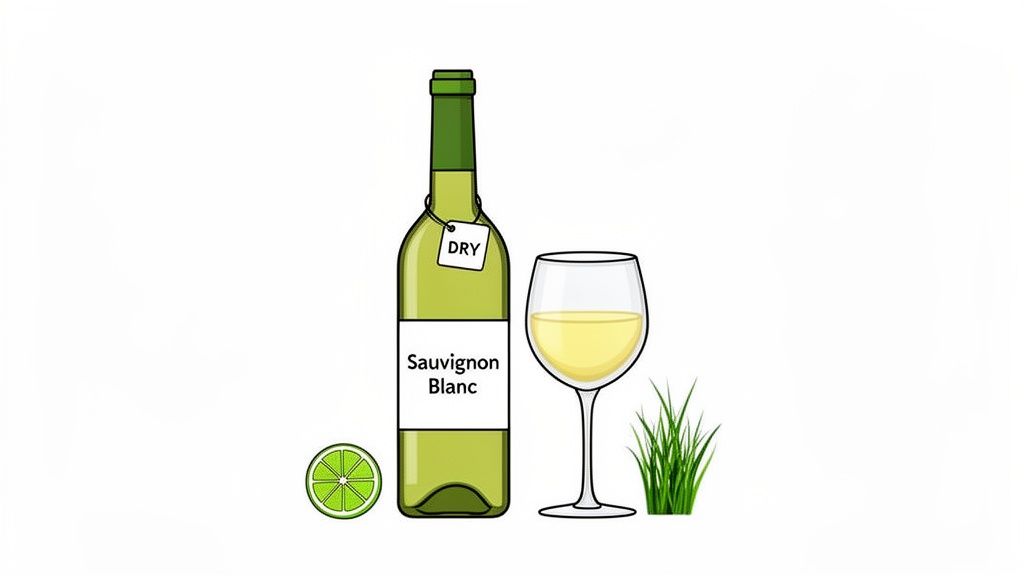 Illustration of a Sauvignon Blanc wine bottle labeled 'DRY', a glass of white wine, lime, and grass.