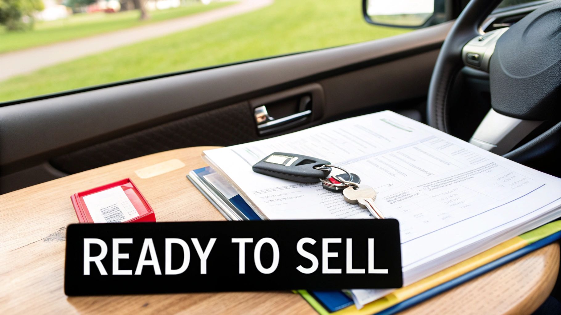 Car keys and sale documents with a 'READY TO SELL' sign inside a car.