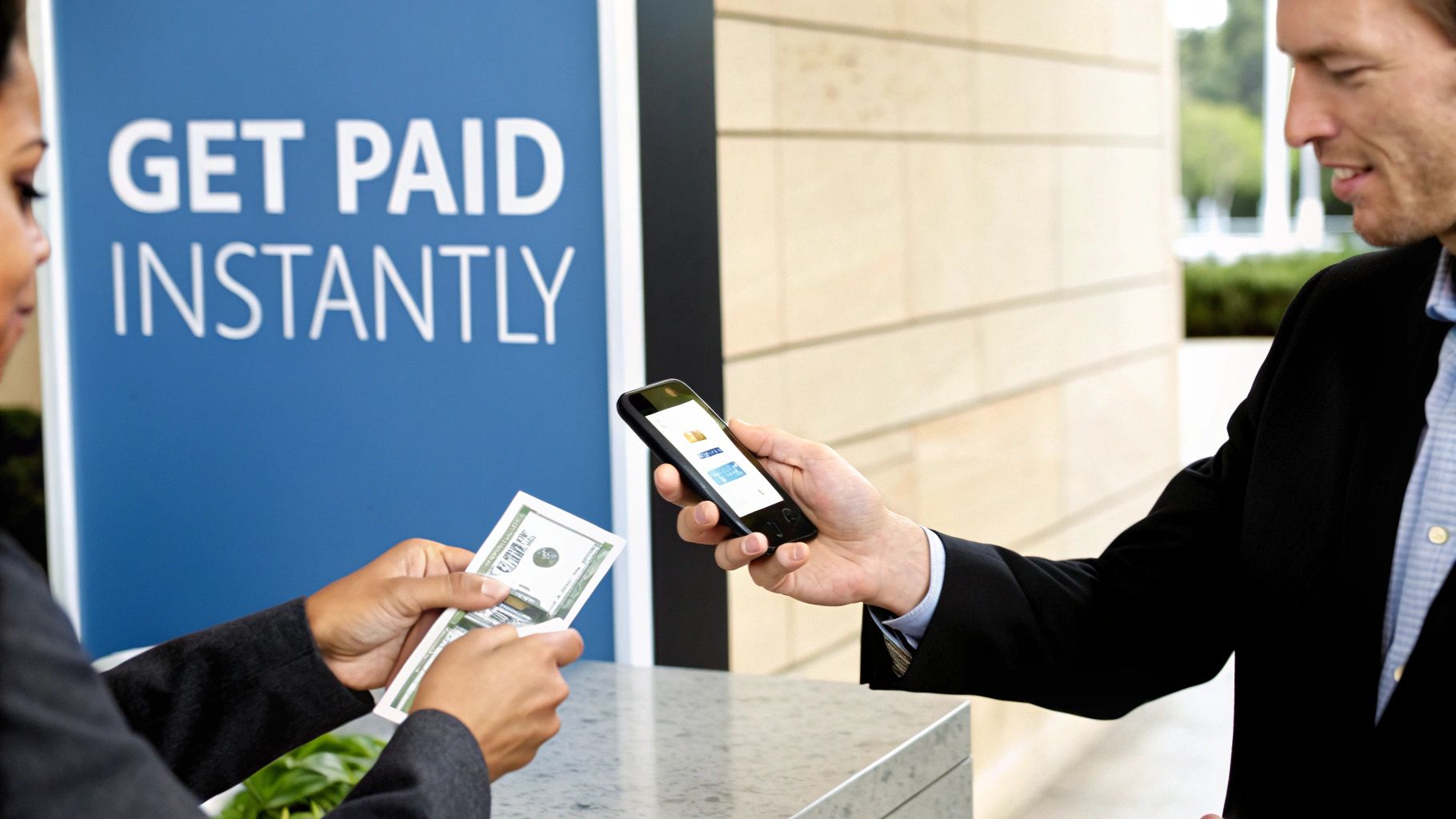 Two individuals exchanging cash while one holds a smartphone, next to a 'GET PAID INSTANTLY' sign.