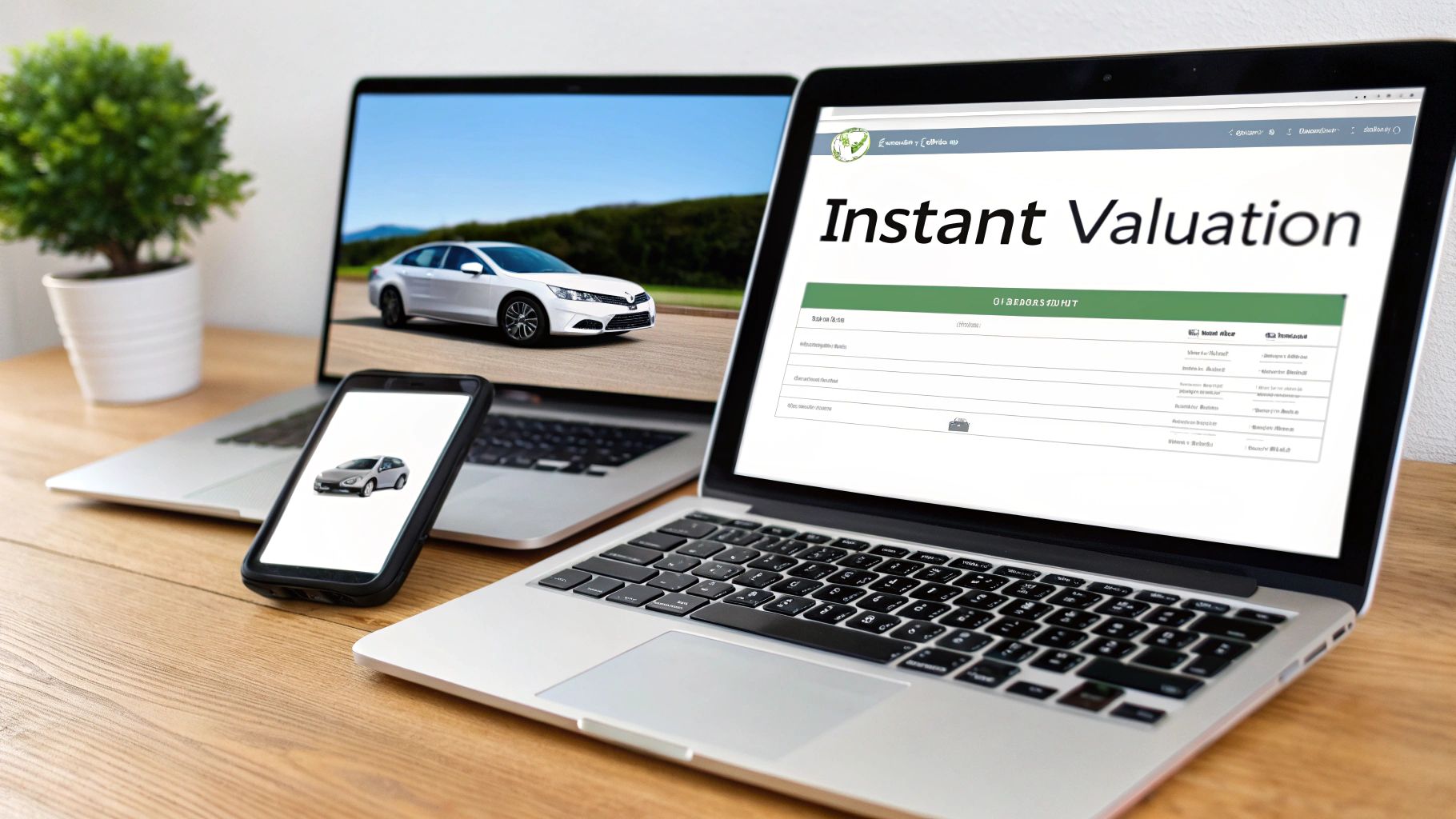 Multiple devices display cars and a website for instant car valuation on a wooden desk.