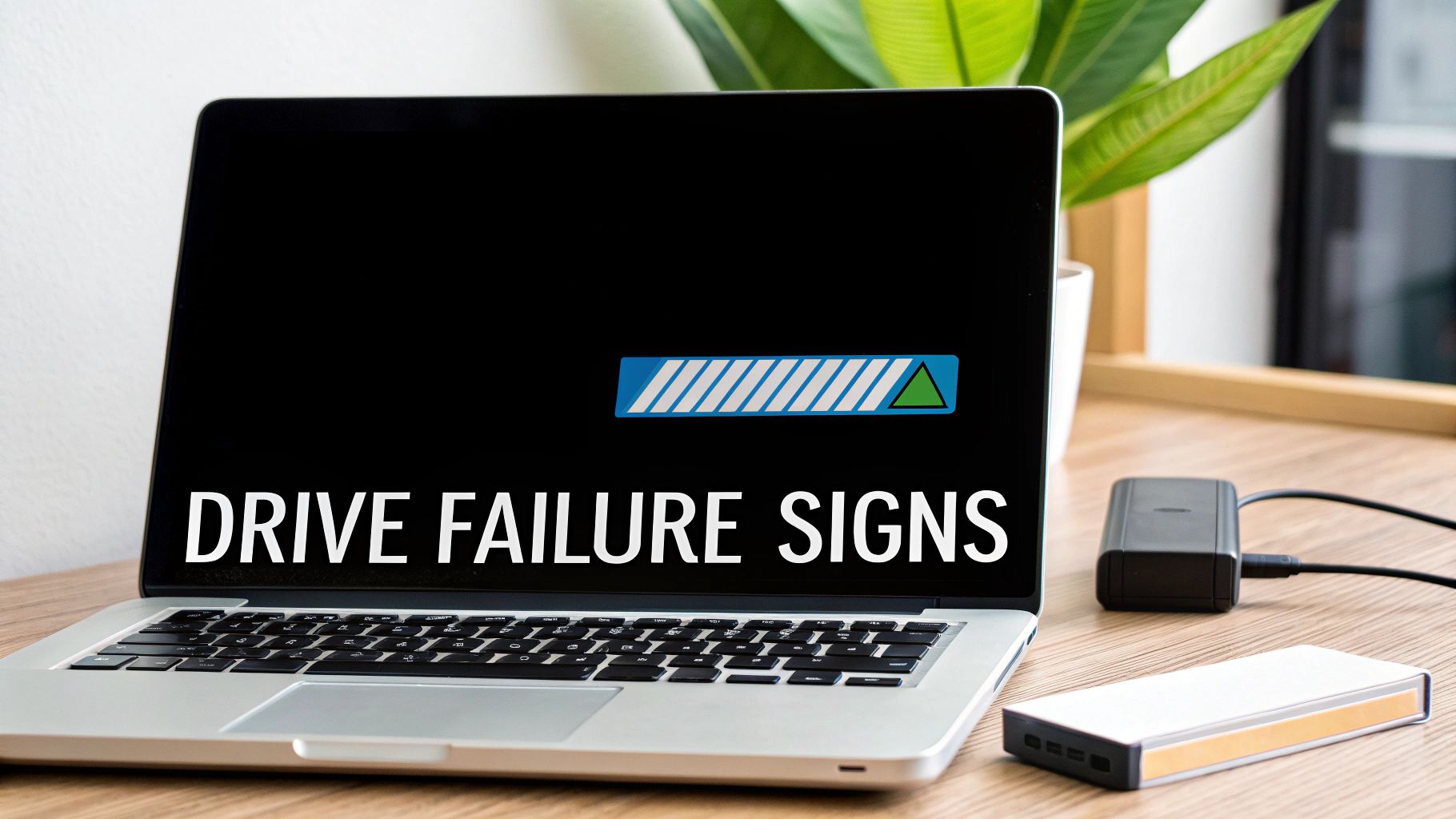 A laptop screen displays 'DRIVE FAILURE SIGNS' with a progress bar and a warning triangle.