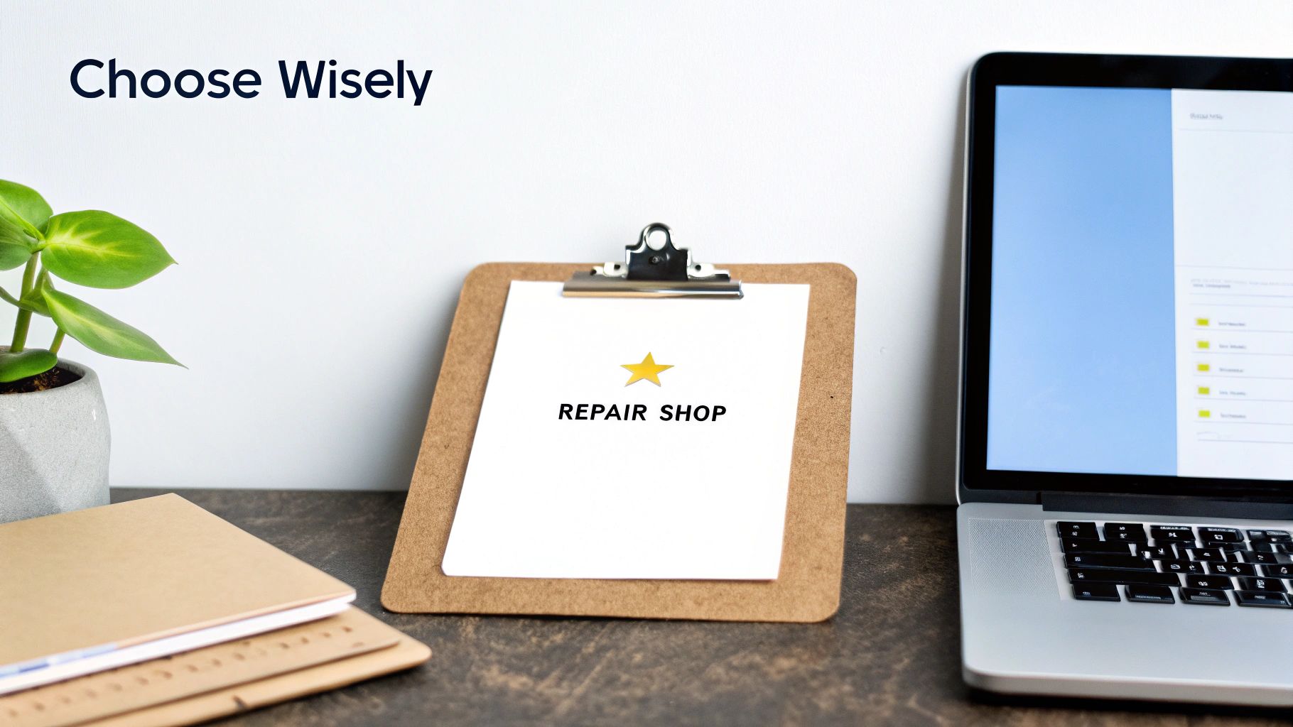 A desk with a laptop, plant, and a clipboard showing a 'REPAIR SHOP' sign with a gold star, and text 'Choose Wisely'.