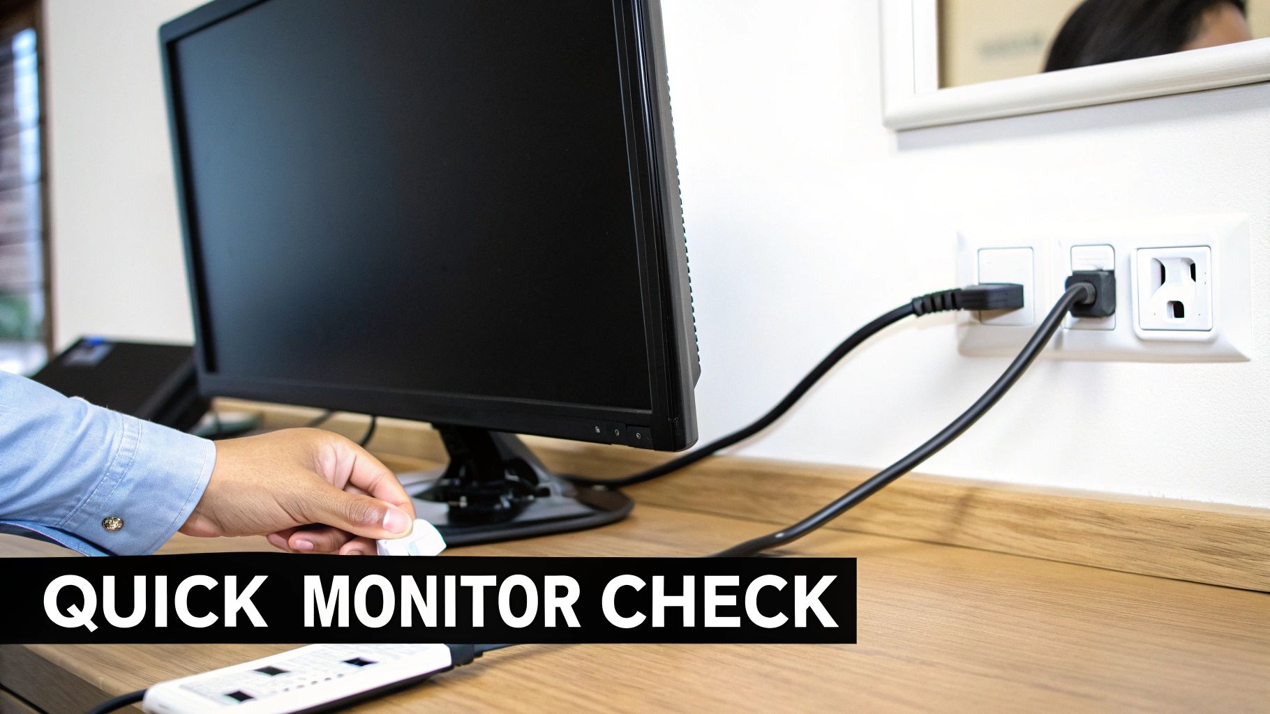 Person checking computer monitor display connection with power cables plugged into wall outlet