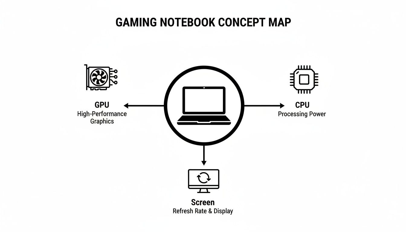Concept map illustrating the core components of a gaming notebook: GPU, CPU, and Screen.