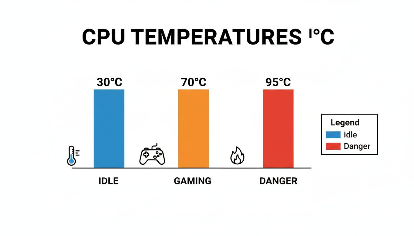 Bar chart illustrating CPU temperatures: 30°C for Idle, 70°C for Gaming, and 95°C for Danger.
