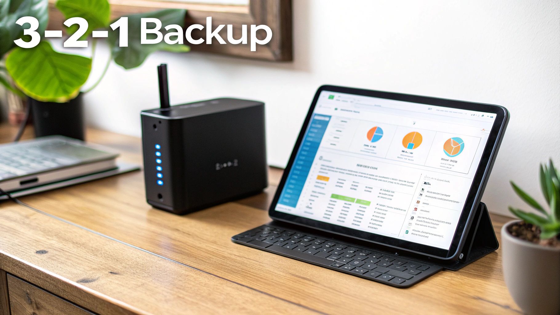 Network attached storage device with tablet displaying backup dashboard on wooden desk with keyboard