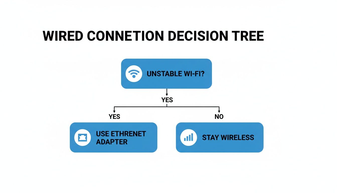 A flowchart titled 'Wired Connection Decision Tree' asking if Wi-Fi is unstable. If yes, use Ethernet adapter; if no, stay wireless.