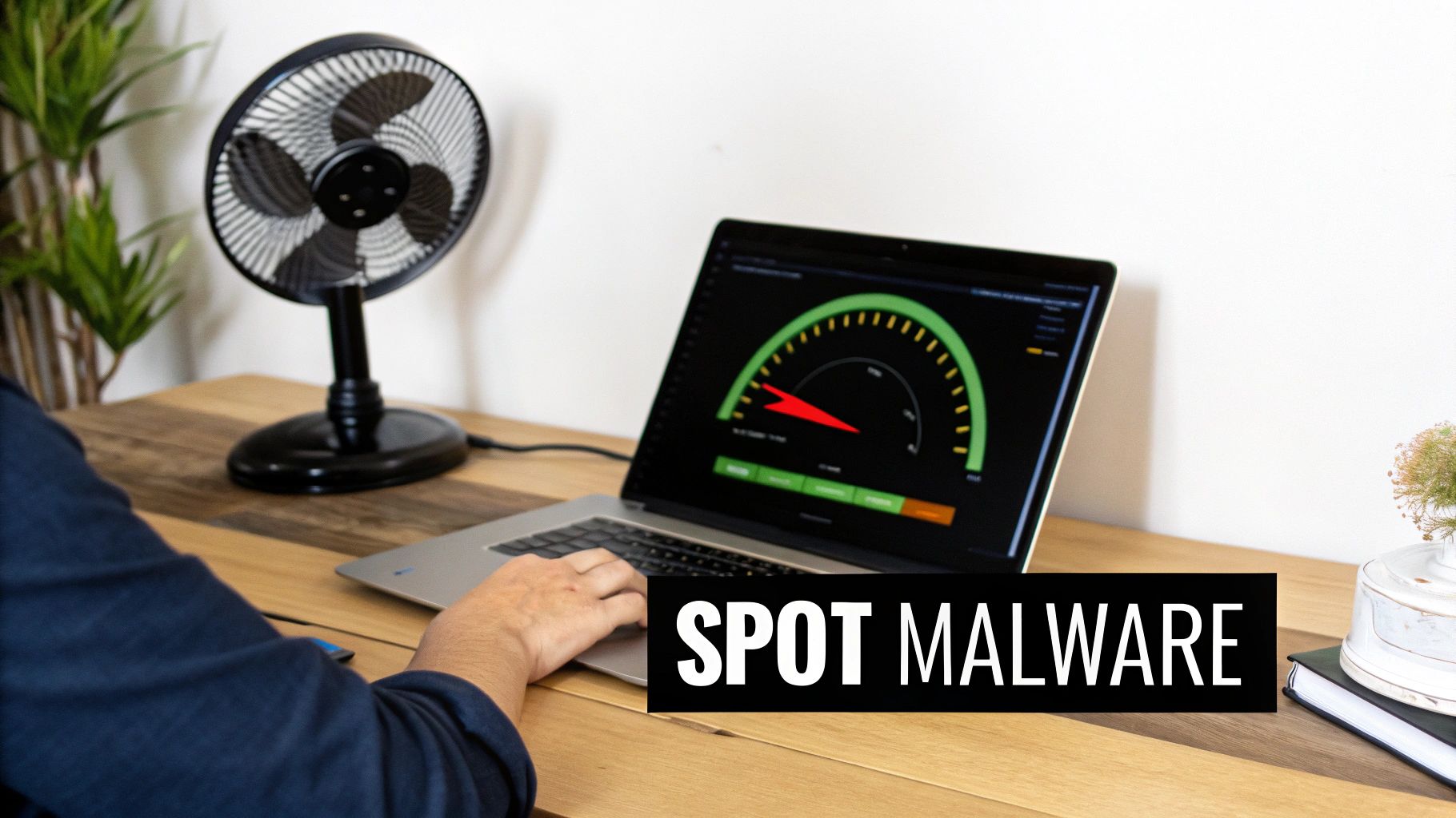Person uses a laptop displaying a performance gauge and 'SPOT MALWARE' text, beside a desk fan.