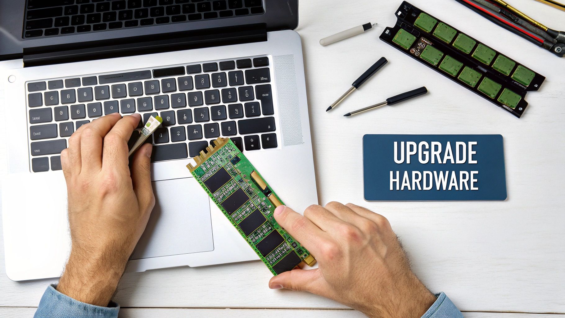 A person's hands holding an SSD and a small connector over a laptop with 'UPGRADE HARDWARE' sign on a white desk.