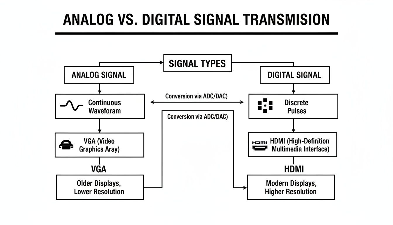 Flowchart illustrating analog vs. digital signal transmission, comparing characteristics, interfaces like VGA and HDMI, and display resolutions.
