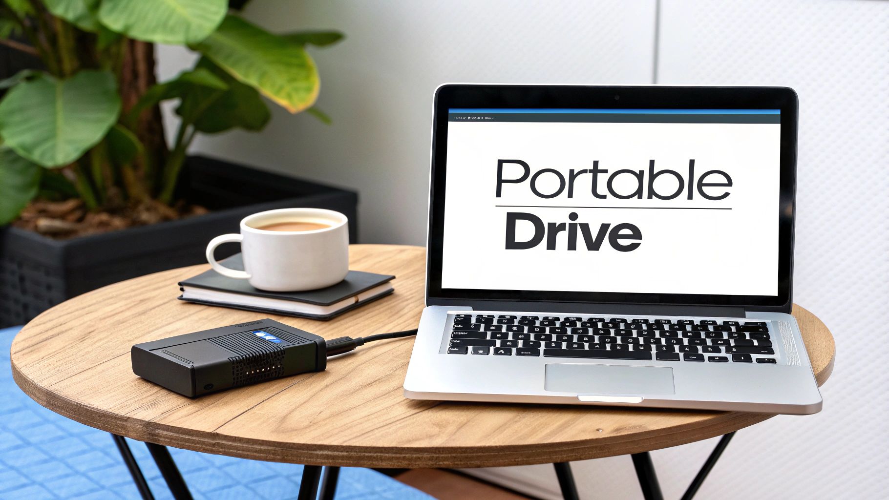 A silver laptop displaying 'Portable Drive' connected to a black external drive enclosure on a wooden table.