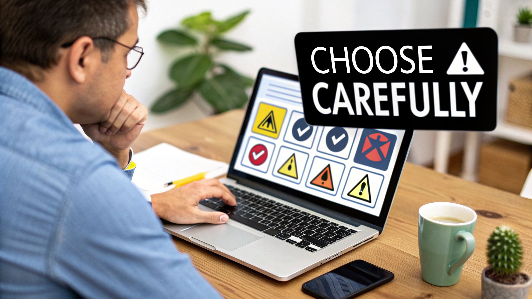 A man carefully considers choices on a laptop screen displaying warning signs and checkmarks, with "CHOOSE CAREFULLY" text.