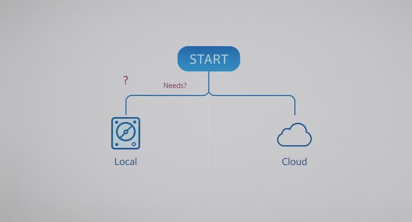 A flowchart showing data storage options, branching from 'START' to 'Local' storage or 'Cloud' storage, based on 'Needs?'.
