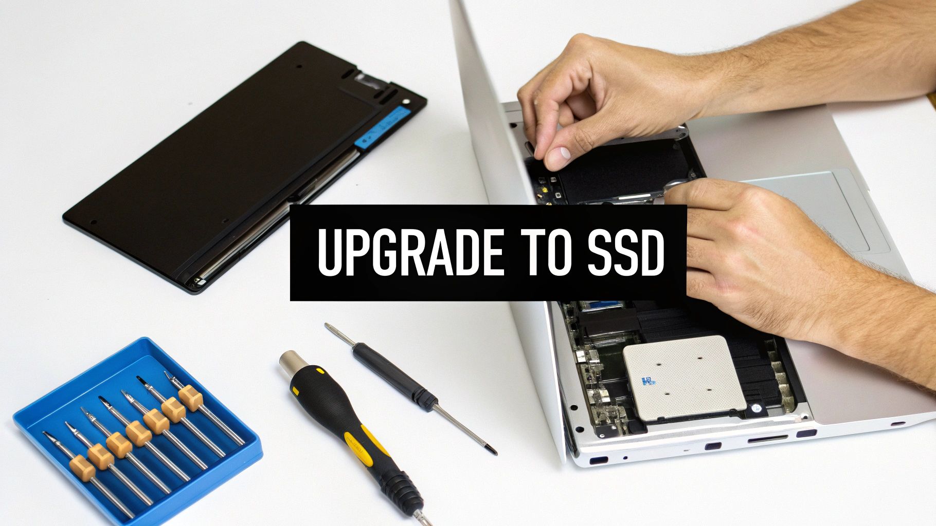 Hands installing an SSD into a laptop, with tools and removed cover on a white desk, advertising 'UPGRADE TO SSD'.