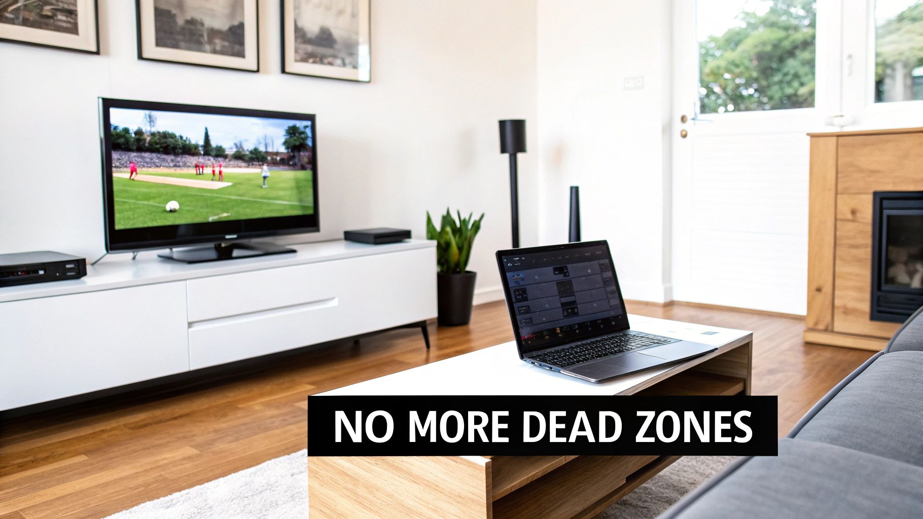 A modern living room with a TV showing cricket, a laptop on a coffee table, and a couch, emphasizing connectivity.
