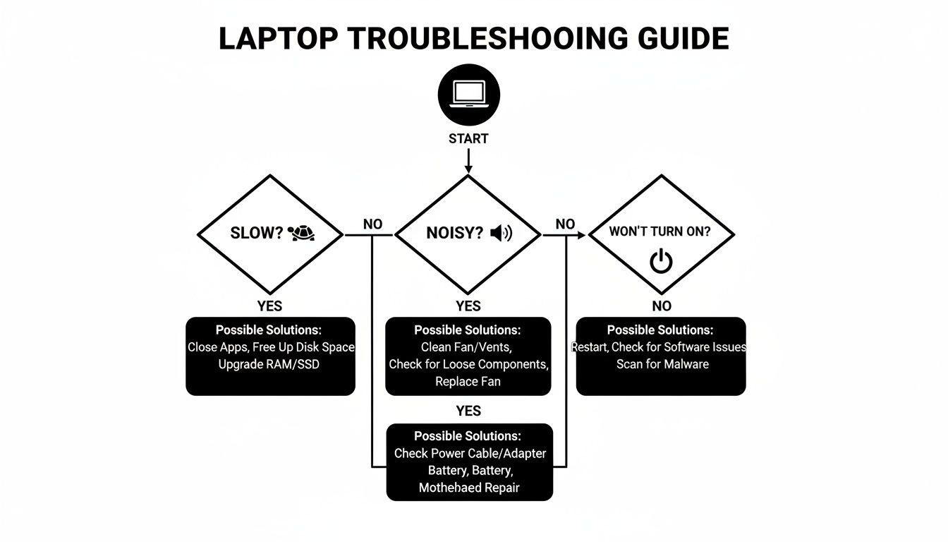 Flowchart guide for laptop troubleshooting, covering slow performance, noise, and power-on issues.