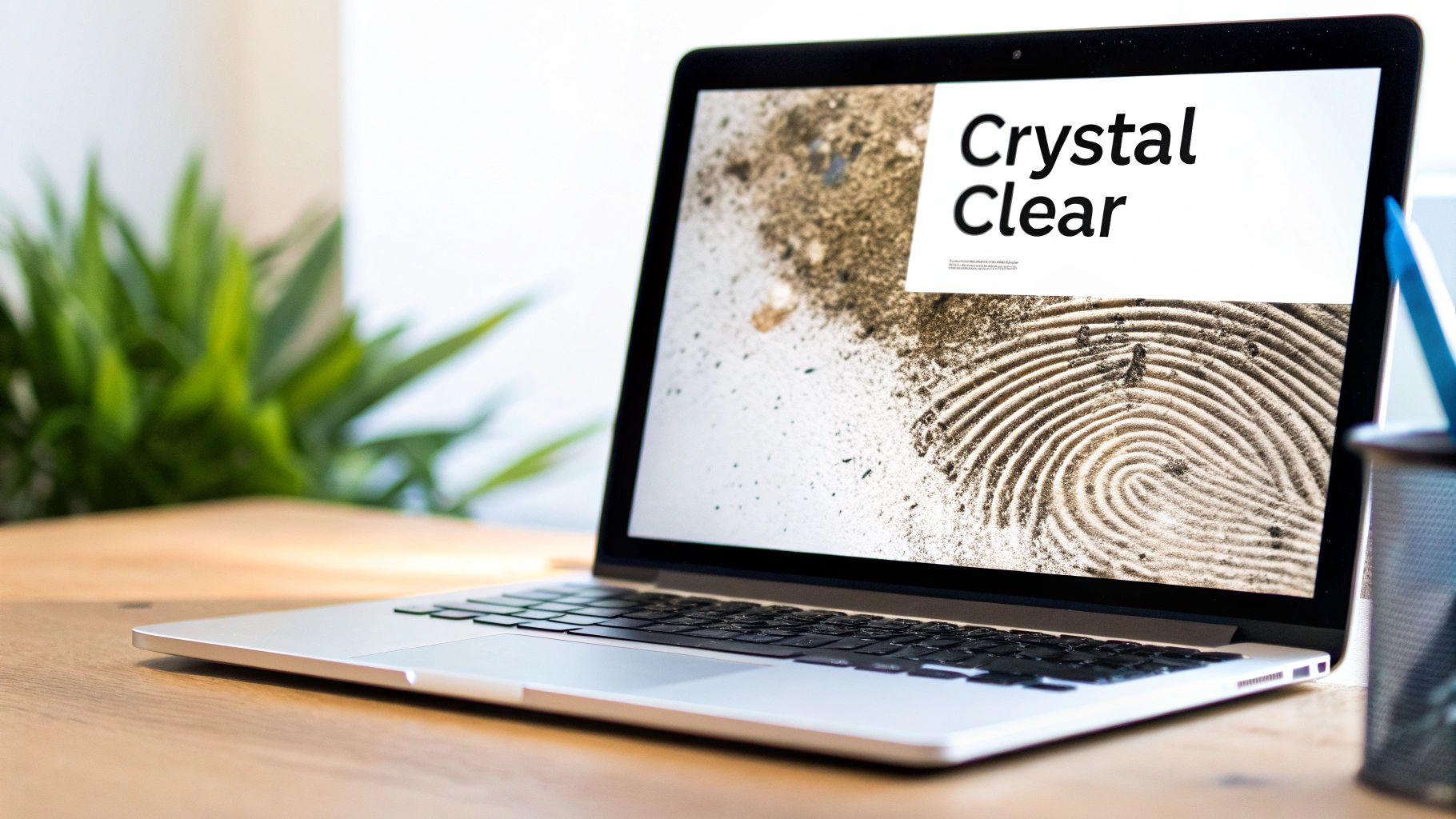 A laptop screen displays 'Crystal Clear' text over a detailed fingerprint image made of dirt.