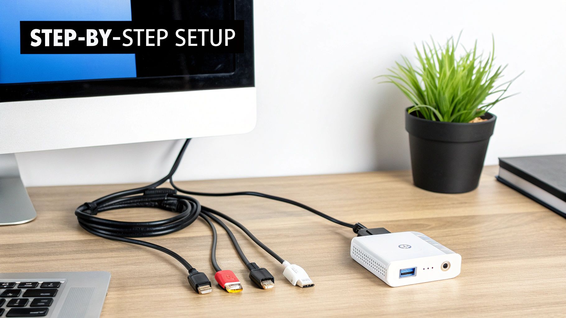 White video adapter connected to various display cables on a desk, ready for step-by-step setup.