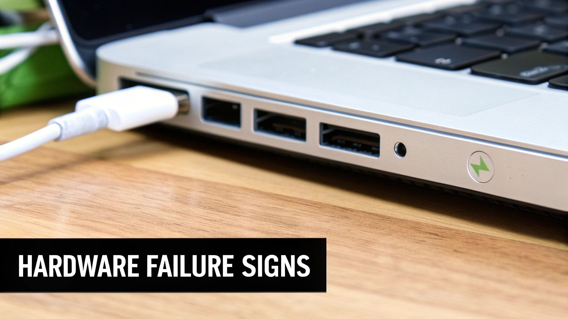 A silver laptop charging on a wooden desk with a white cable, displaying "HARDWARE FAILURE SIGNS".