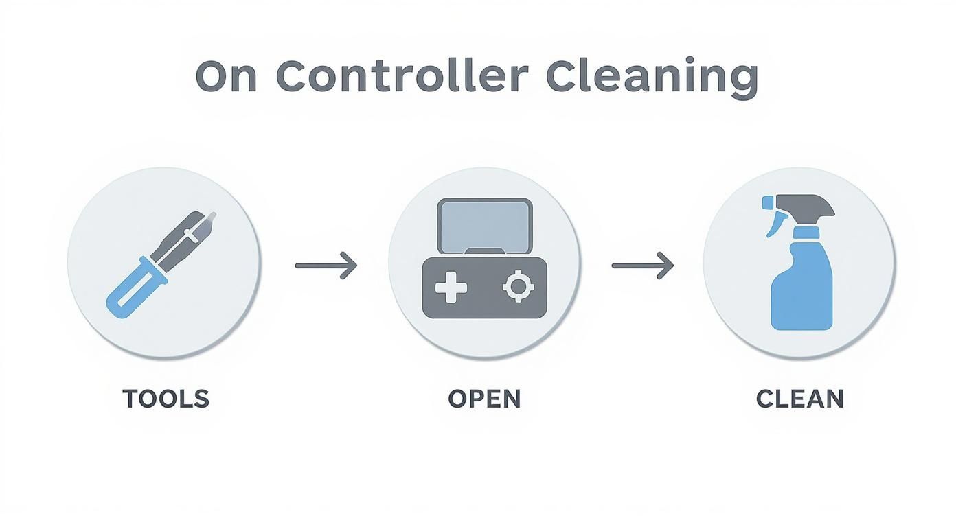 A three-step diagram showing how to clean a gaming controller: tools, opening the controller, and cleaning with a spray.