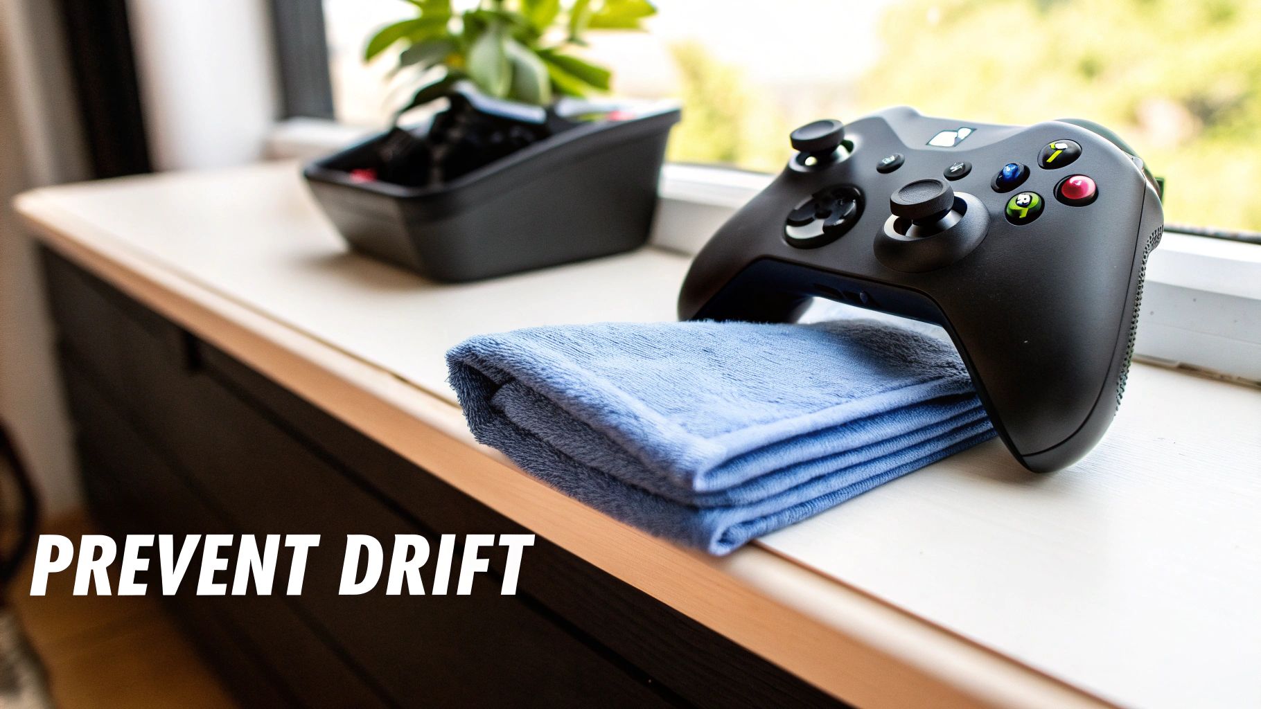 A black Xbox controller rests on a blue microfiber cloth on a windowsill, ready for cleaning.