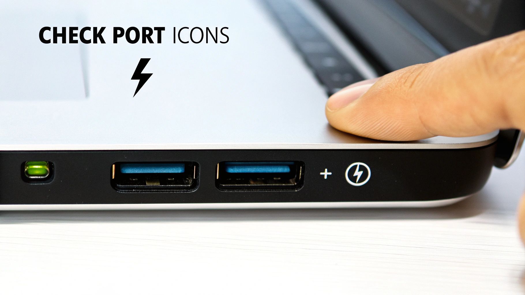 Close-up of a laptop's side showing two blue USB ports, a green LED, and a power/charging icon.