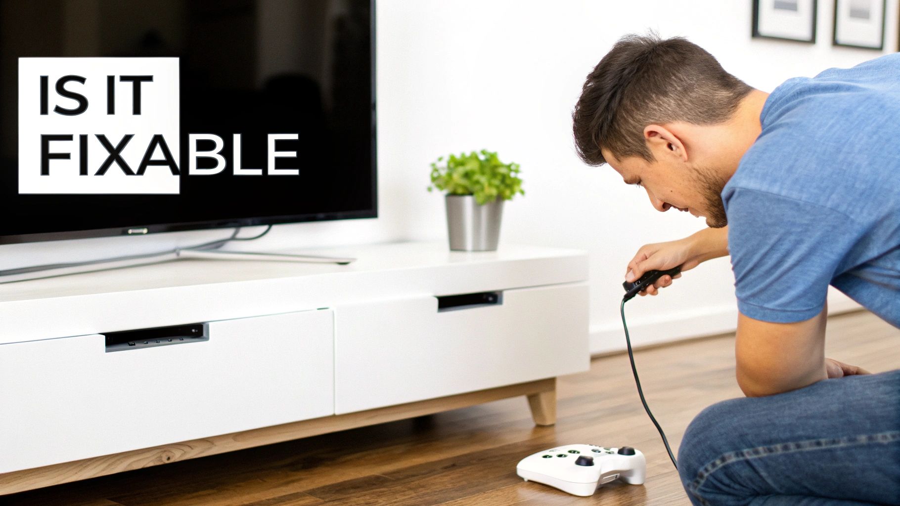 Man troubleshooting video game console with controller examining connection issues at home