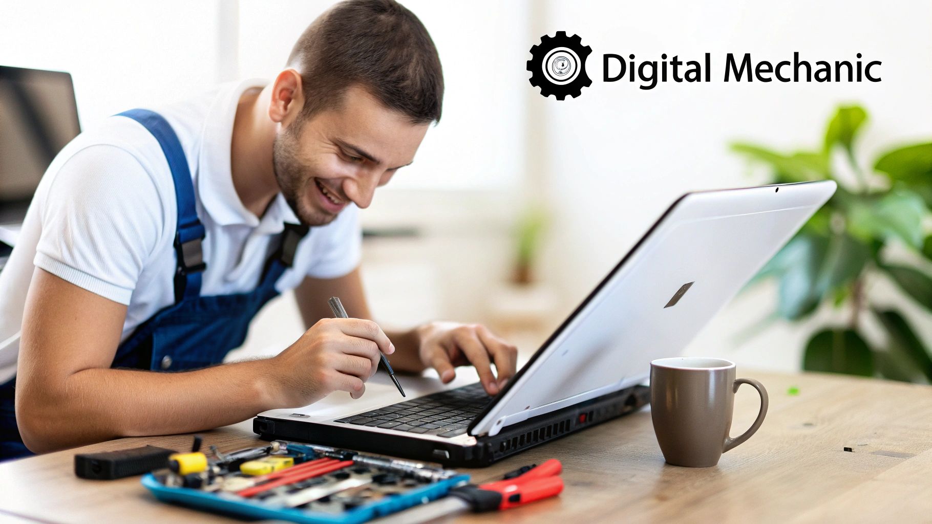 A technician repairing a personal computer with tools and components on a desk.