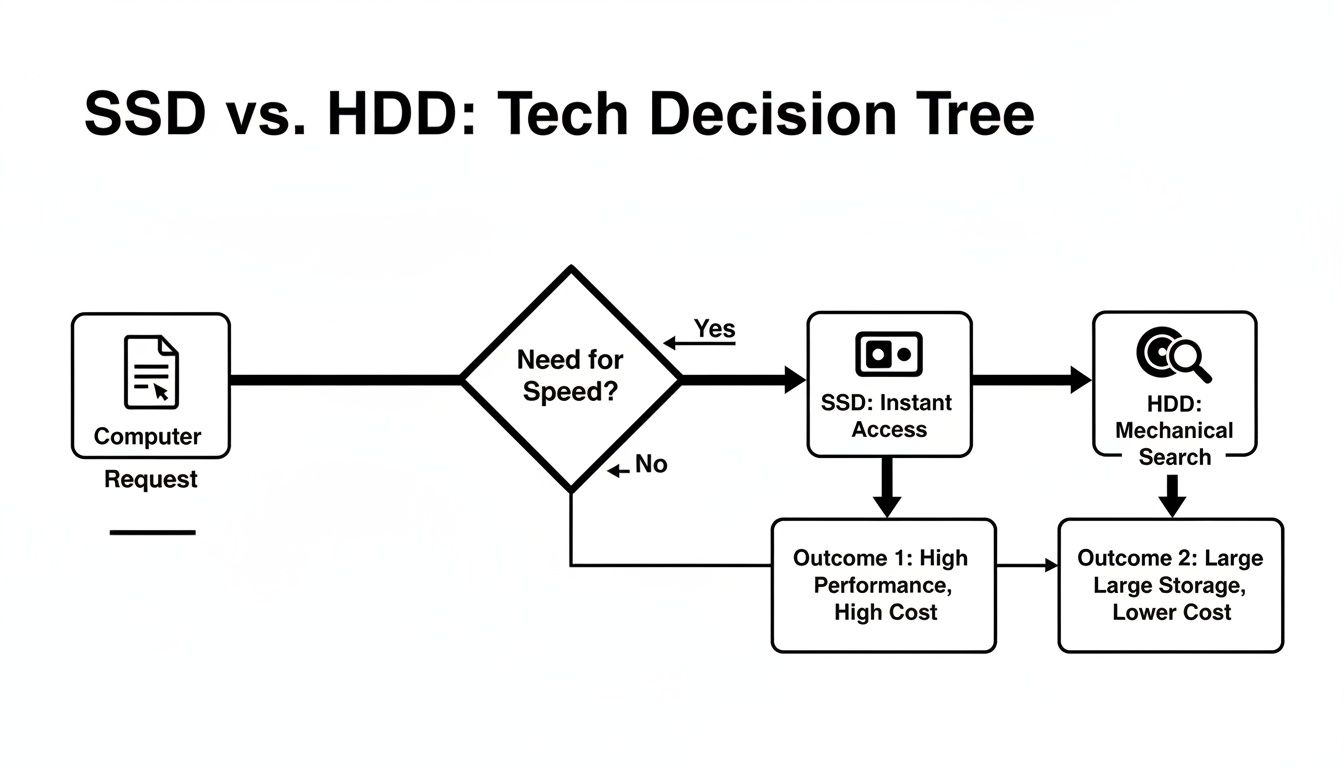 A tech decision tree flowchart comparing SSD (Solid State Drive) and HDD (Hard Disk Drive) storage options.
