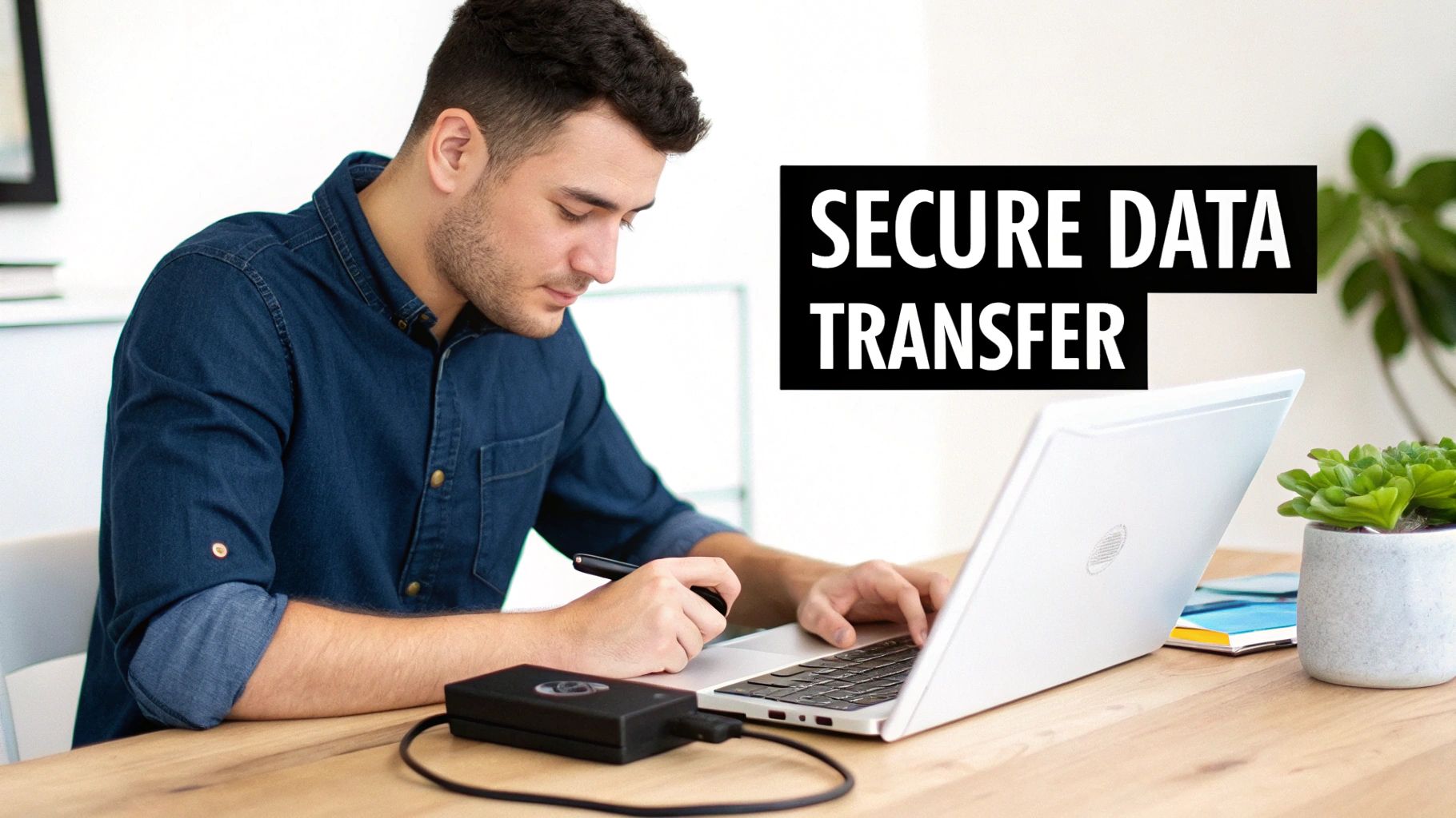 Man working on laptop with external hard drive for secure data transfer at desk