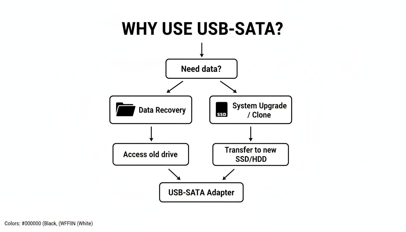 Flowchart illustrating reasons to use a USB-SATA adapter for data recovery and system upgrades.