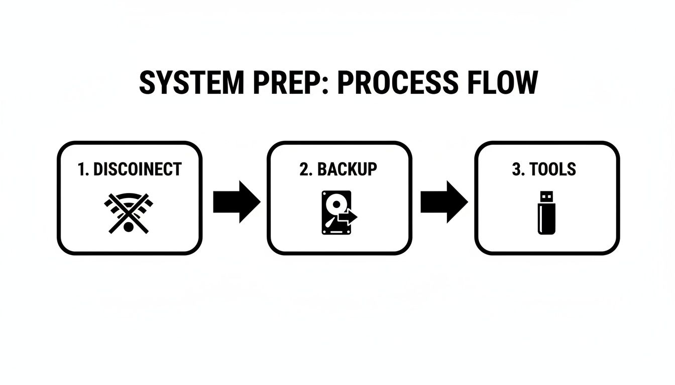 A diagram illustrating a three-step system preparation process: disconnect, backup, and tools.