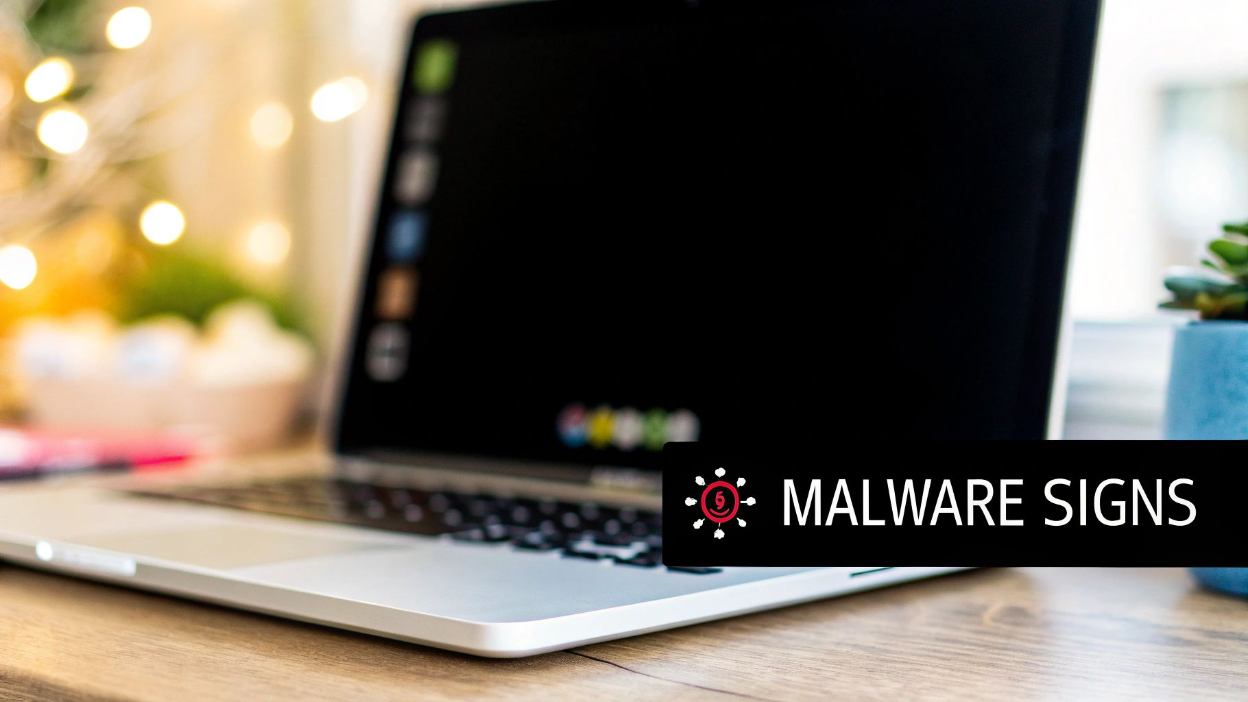 A laptop on a wooden desk with a black screen and a banner saying 'MALWARE SIGNS' with a red icon.