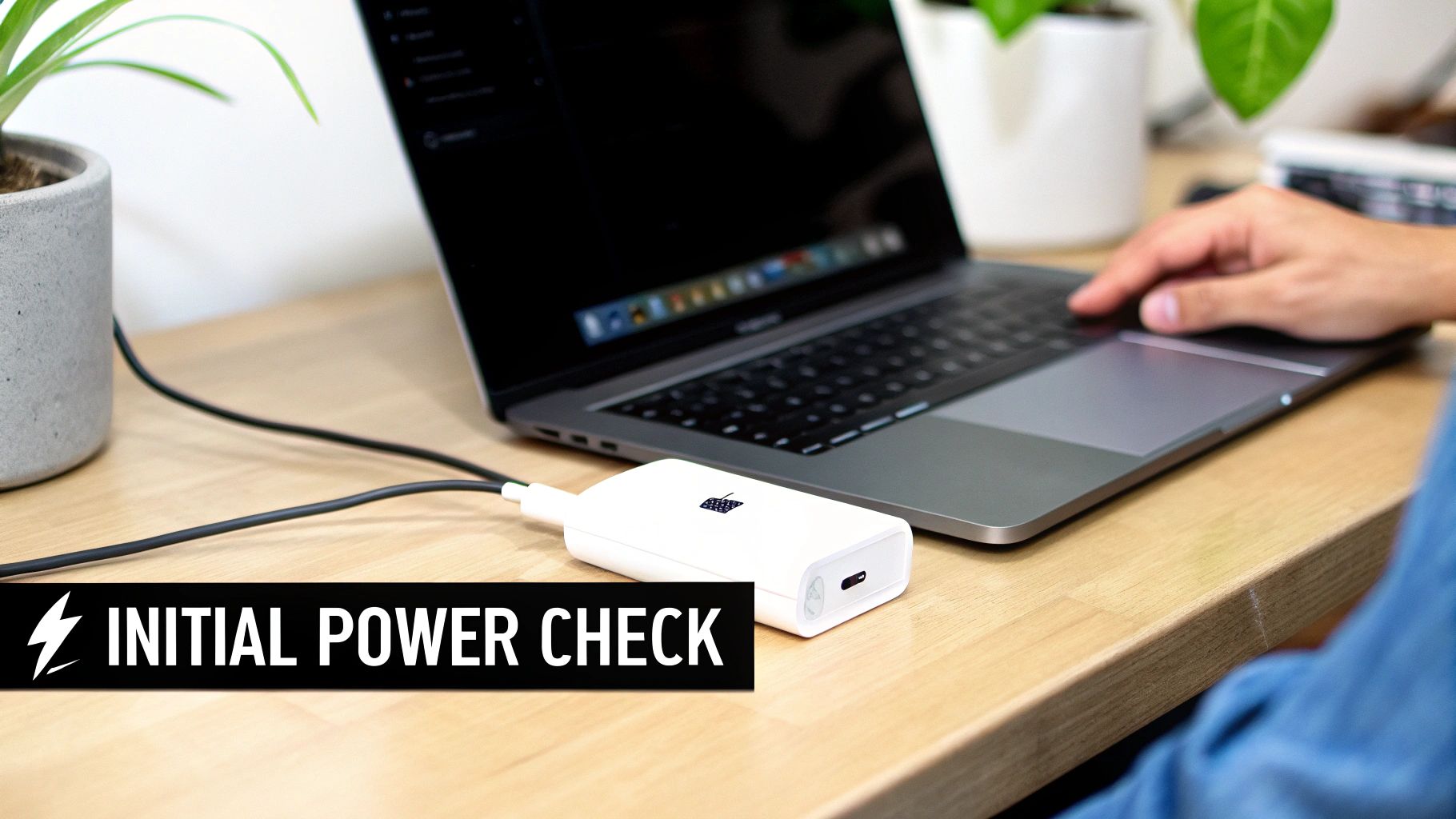 A person charges a silver MacBook Pro laptop with a white portable power bank on a wooden desk.