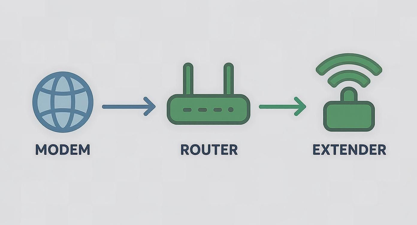 A diagram illustrates the data flow from a modem, to a router, and then to a wireless extender.
