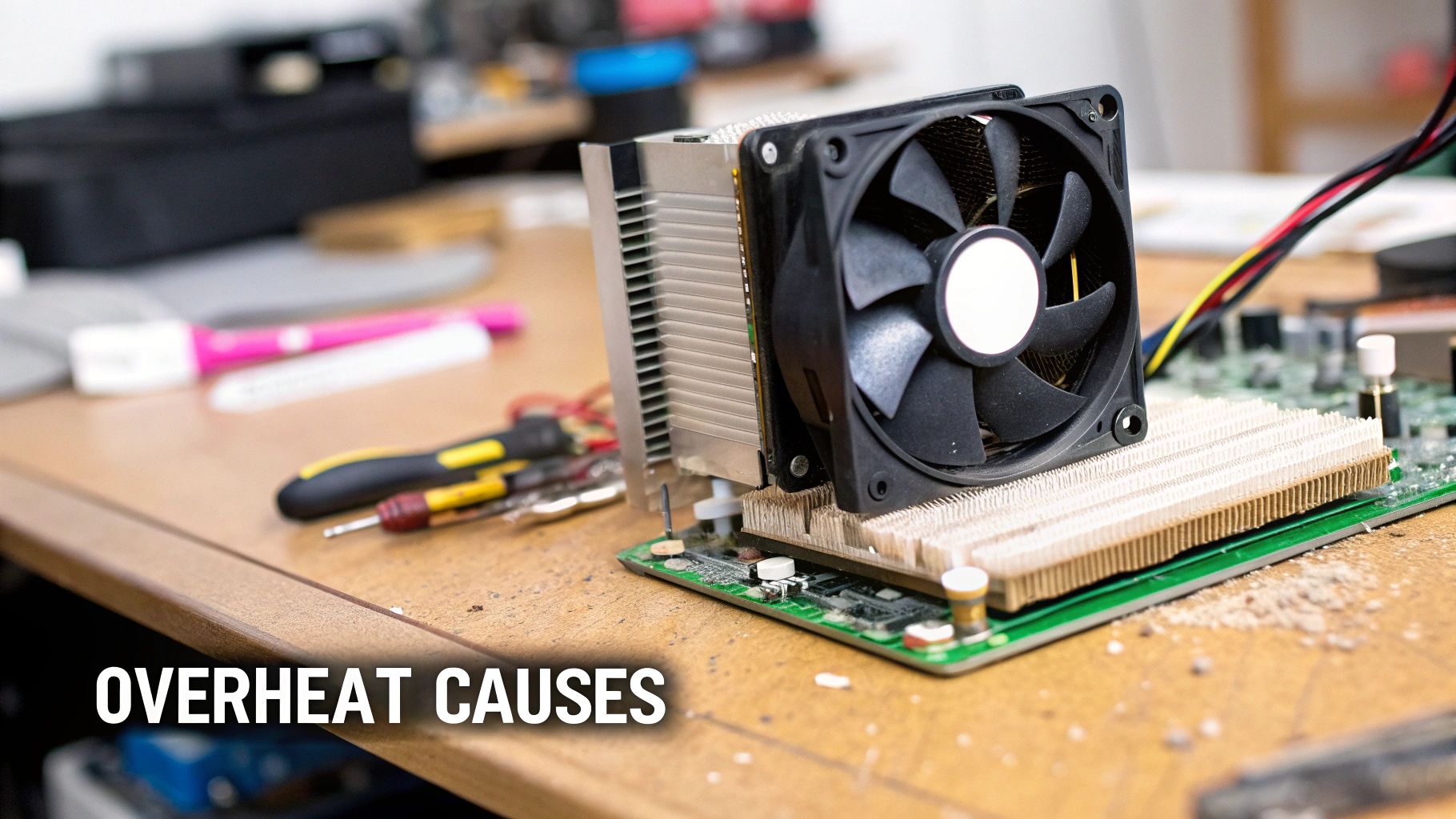 A dusty computer CPU cooler with a fan and heatsink on a circuit board, surrounded by tools.