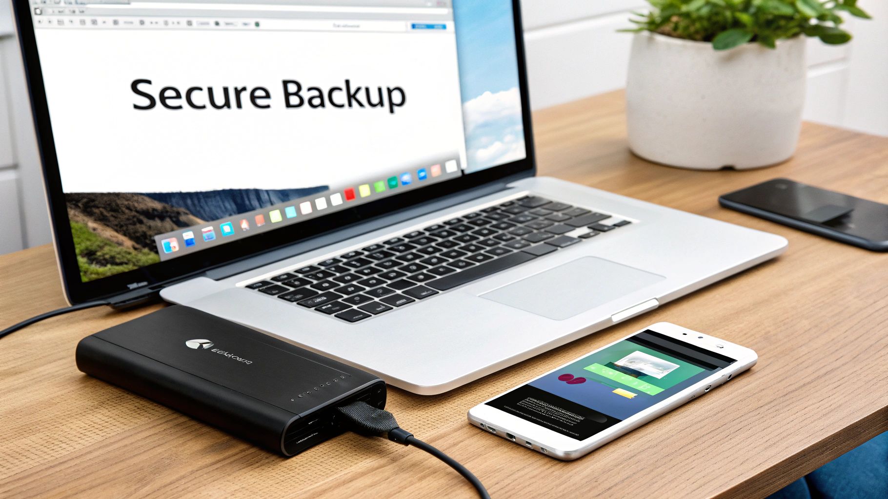 A laptop with 'Secure Backup' on screen, connected to a black external drive, alongside smartphones on a wooden desk.