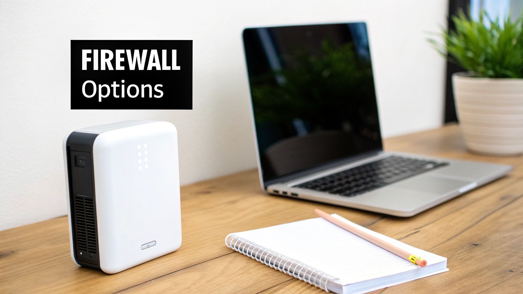A white firewall device, laptop, and notebook on a wooden desk with text 'FIREWALL Options'.