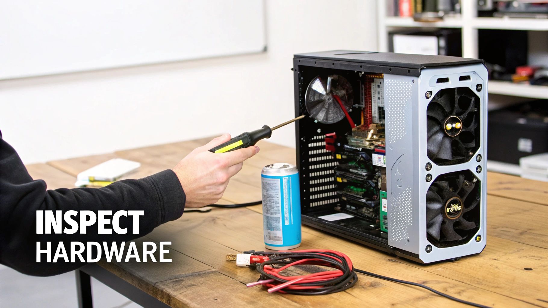 A technician carefully inspecting the internal components of a computer motherboard.