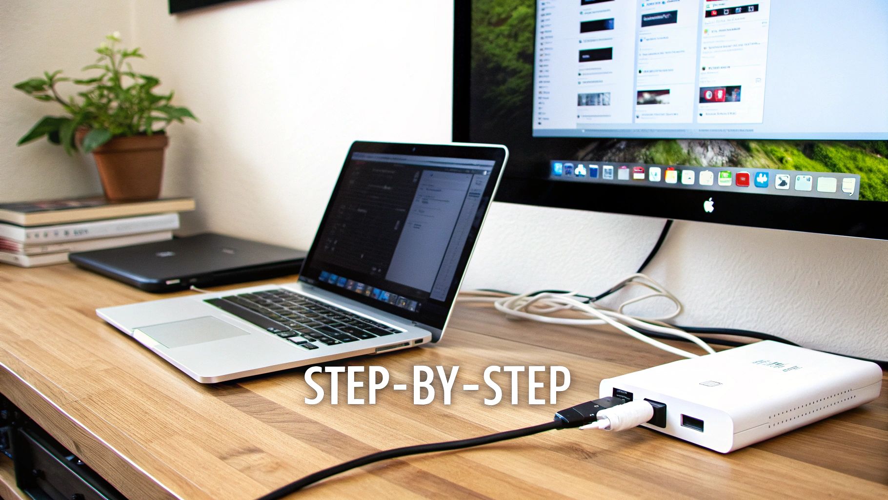 Close-up of a neat desk with a laptop, monitor, and cables connected to a white hub.