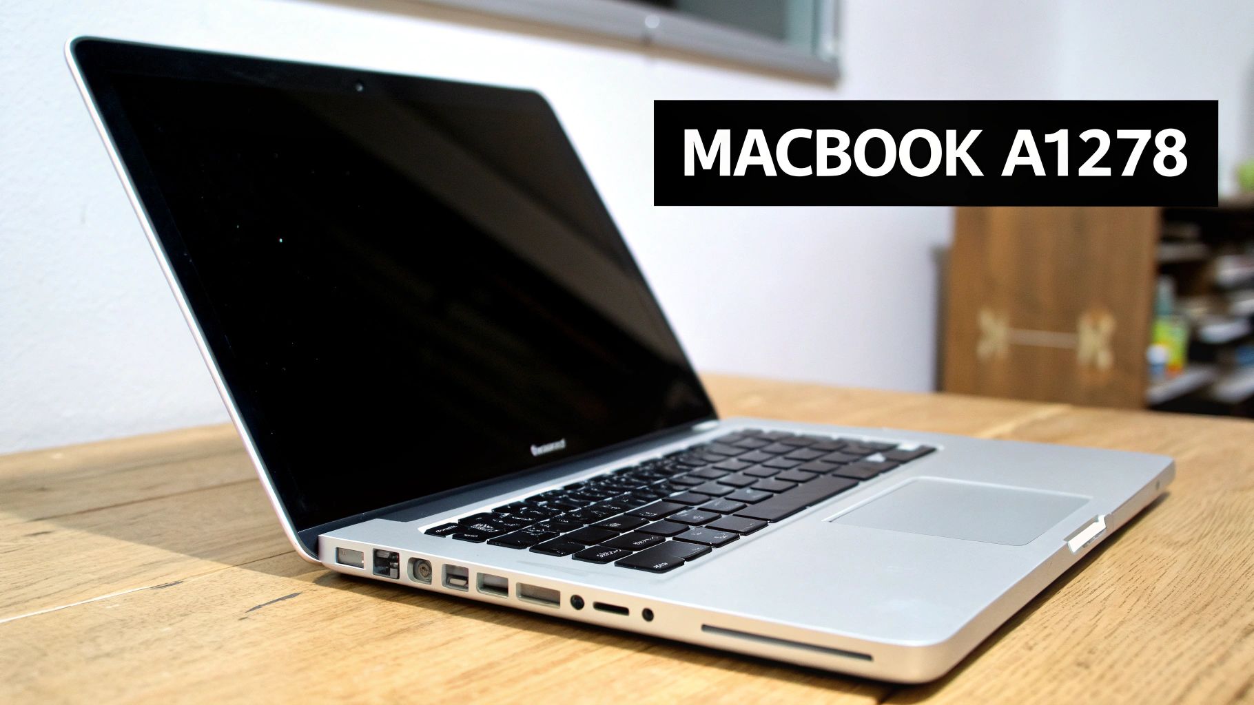 A silver MacBook A1278 laptop with a black screen and keyboard on a wooden table.