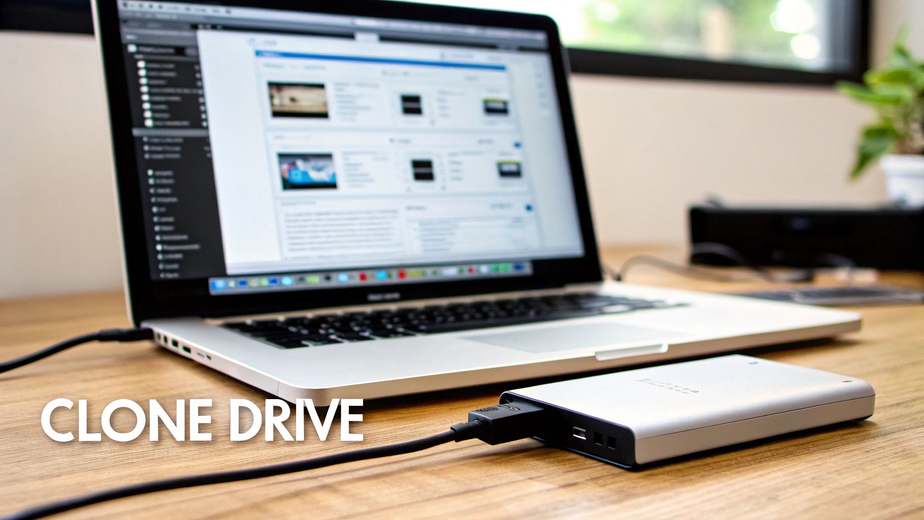 External hard drive connected to laptop computer via USB cable for drive cloning and data backup