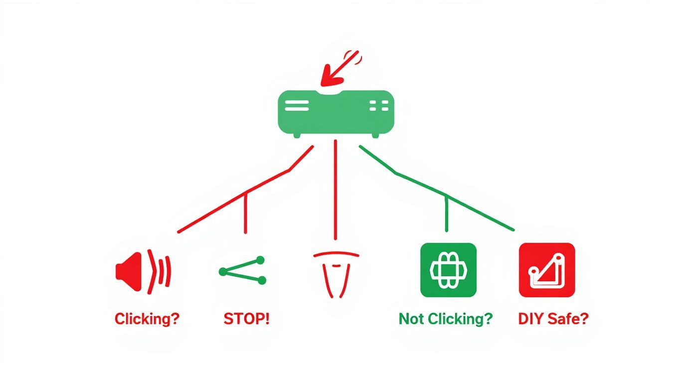 Network router troubleshooting flowchart showing clicking sounds stop not clicking DIY safe repair options
