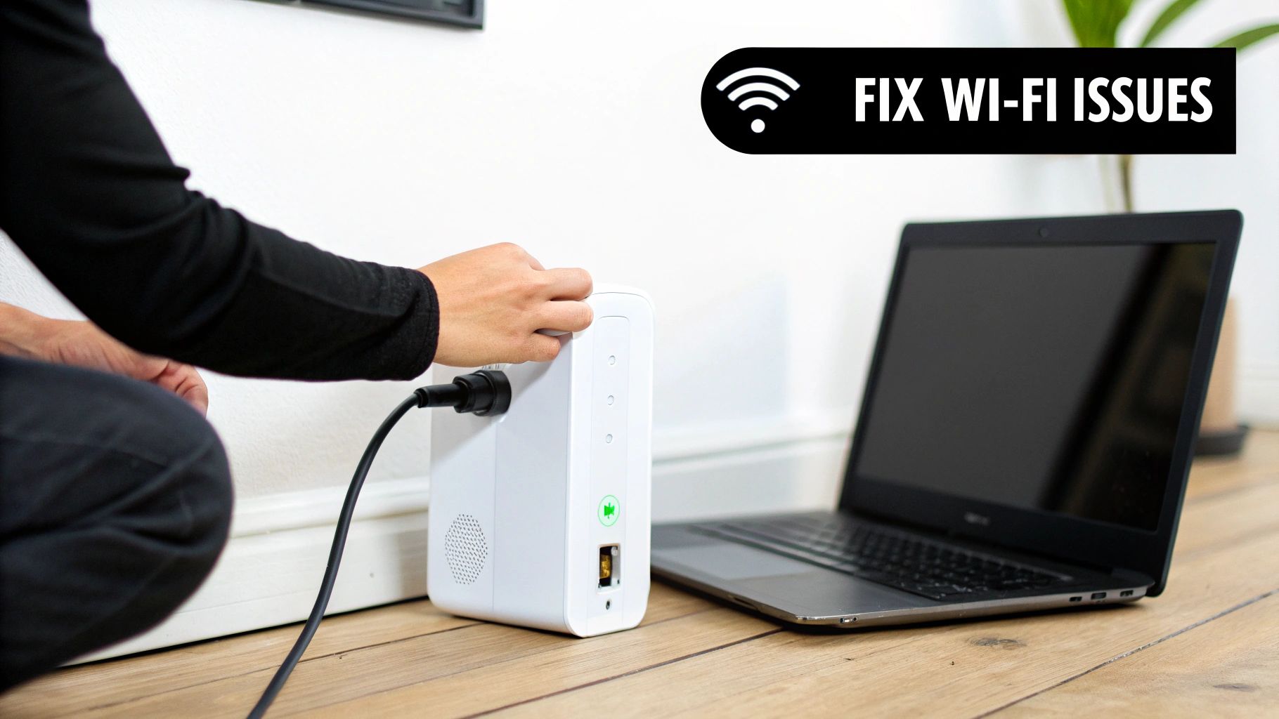 A person connects a white Wi-Fi range extender to a power outlet near a laptop on a wooden floor, illustrating Wi-Fi troubleshooting.